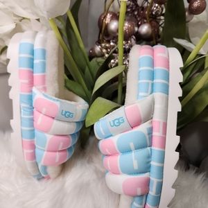 UGG Pink, Blue & White Puffer Slide Sandals